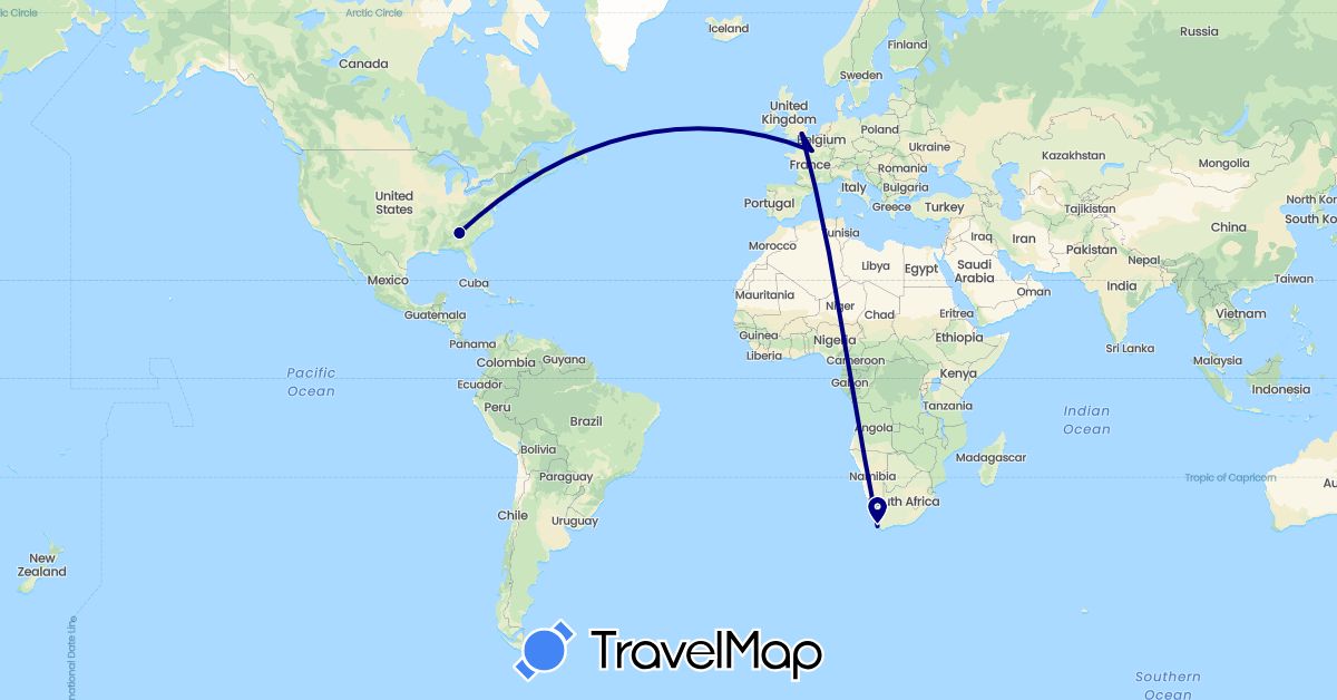 TravelMap itinerary: driving in France, United Kingdom, United States, South Africa (Africa, Europe, North America)